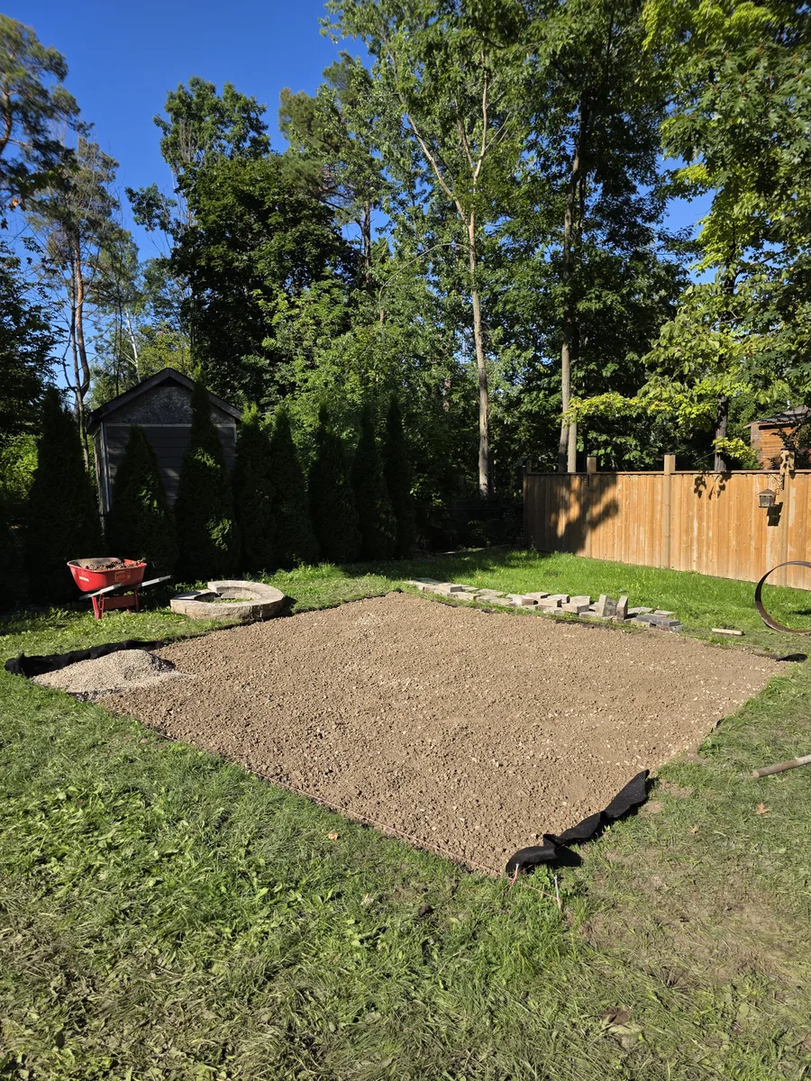 Levelled and compacted base prepared in a backyard before finishing